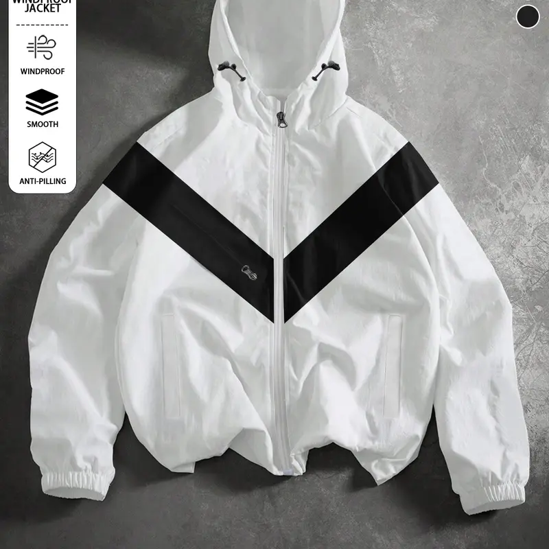 Men’s color-block lightweight hooded jacket made from windproof, abrasion-resistant fabric featuring slanted zip pockets—ideal for streetwear, trendy gatherings, everyday casual wear, and commuting; a versatile, lightweight jacket suitable for spring and
