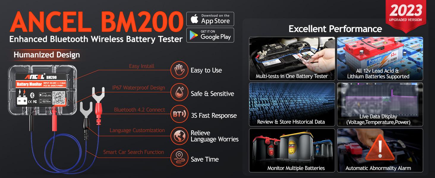 ANCEL BM200 12V Car Battery Tester, Bluetooth 4.2 Auto Battery Monitor for Lithium & Lead-Acid Batteries with Cranking & Charging Test, Alarm, Voltage History Voltmeter for Car/RV/Motorcycle/Truck/Boat