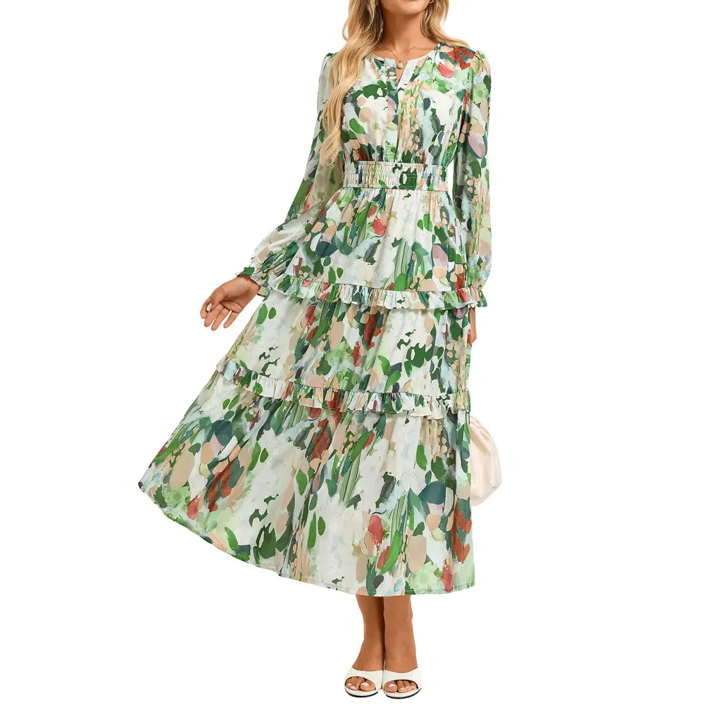 Grace Karin Women's Long Ruffle Sleeve Floral Print Wedding Guest Dress, V-Neck A-Line Chiffon Flowy Maxi with Pockets, Long Sleeve, Flowy Gown, Wedding Guest Dresses, Ankle Length, Party, Beachy Floral Wedding Guest Dresses