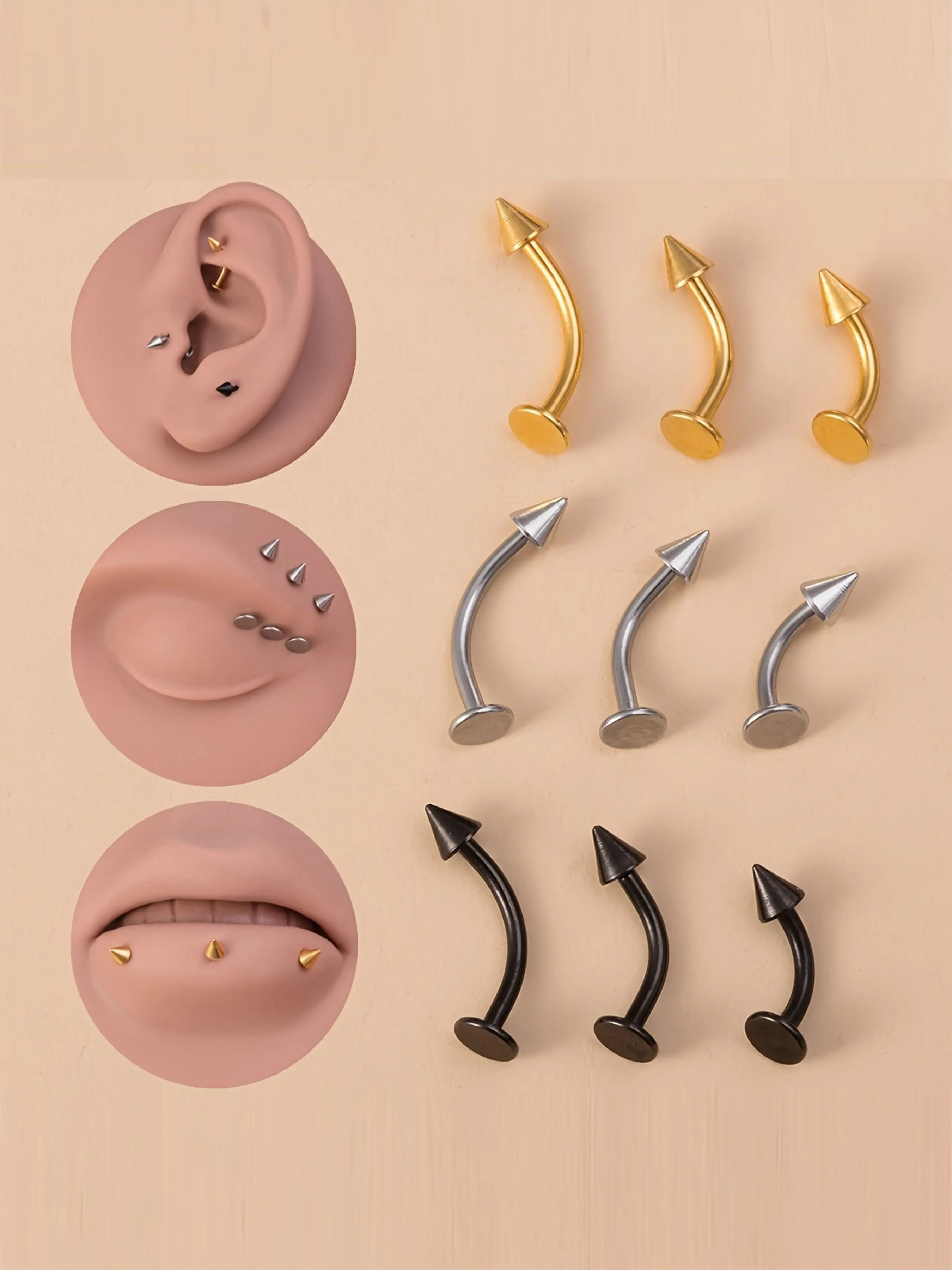 3pcs Curved Barbell Stainless Steel Lip Stud Earrings Labret Monroe Banana Ring Ear Cartilage Piercing Snug Daith Tragus Helix Conch Body Jewelry Body Piercings Set