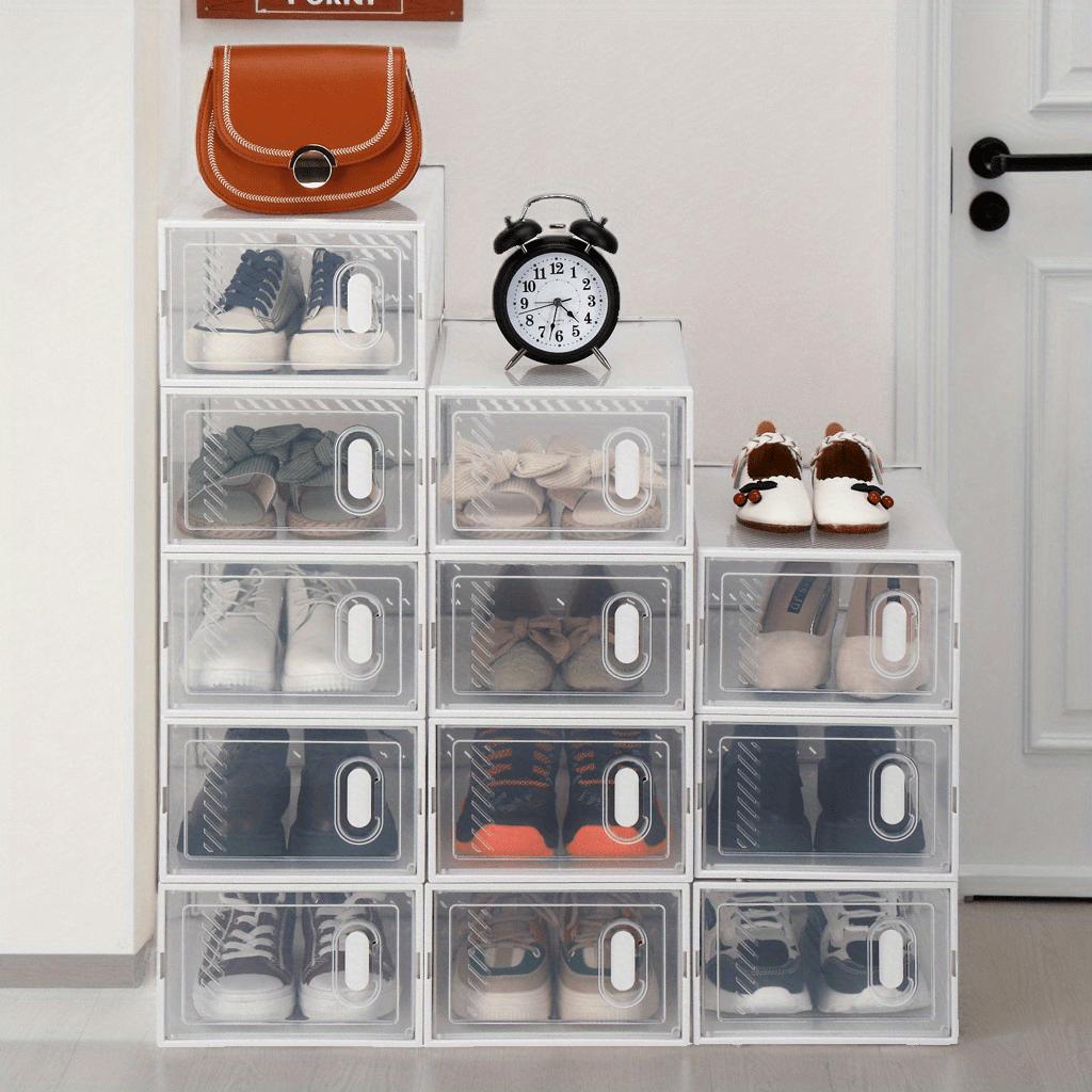 12 Pack Clear Plastic Stackable Shoe Storage Boxes with Lids - Durable Space-Saving Closet Organizers for Women & Men, Rectangular Containers for Shoes, Accessories & Home Organization White Versatile Container Use Modern Aesthetic Easy Visibility Racks