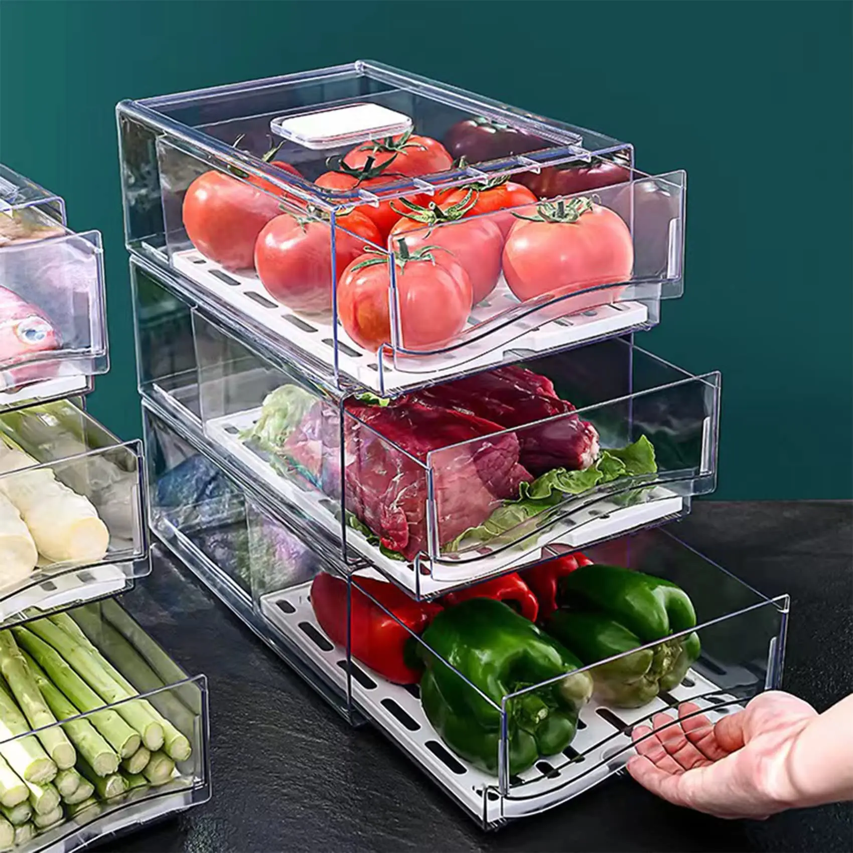 2-Pack Stackable Fridge Organizers and Storage Bins - BPA-Free Plastic Storage Containers with Ventilation Holes, Stable Drawer-Design Refrigerator Accessories for Kitchen Organization, Pantry Organizer, Dustproof