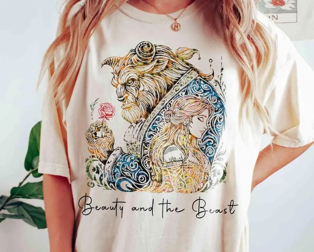 Vintage Beauty & The Beast Art Rose T-Shirt, Belle Princess and Beast Tee, Tale As Old As Time, Magic Kingdom Family Vacation Trip