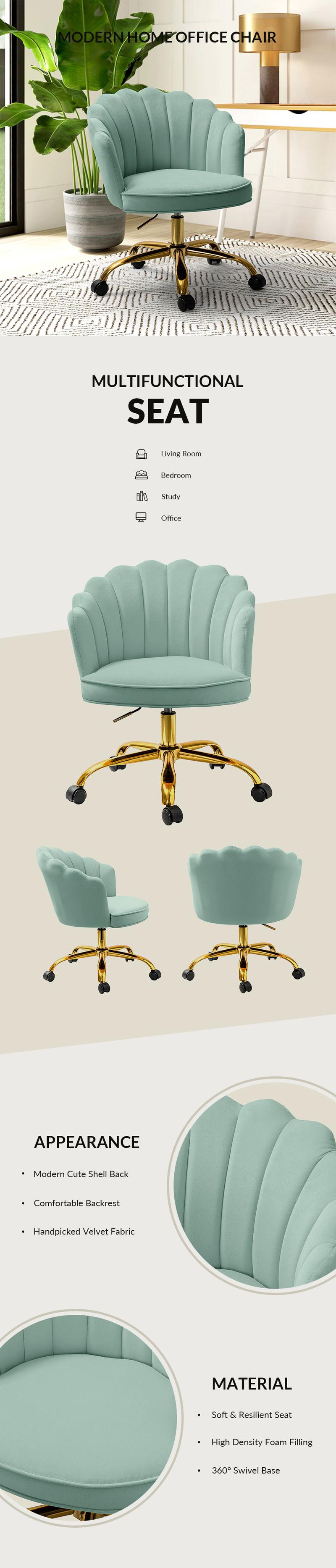 Hulala Belanda Task Office Chair, Height-adjustable, Sturdy and Durable Golden Finish, Tufted Back, velvet fabric upholstery, flower shape back, 360-degree wheels, functional and stylish, for Living Room and Office