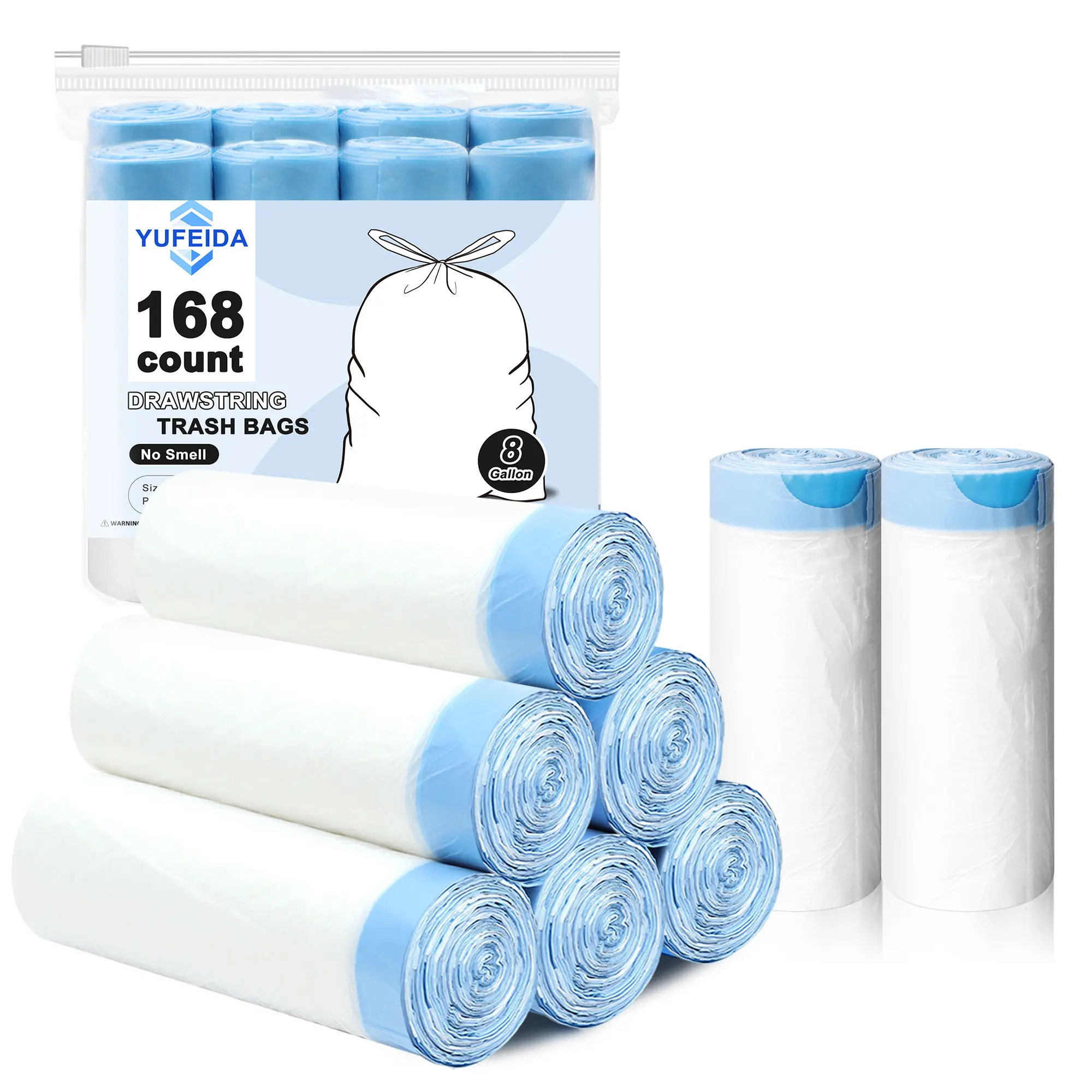 Household 8-Gal Drawstring Trash Bag Pack, 168-Count White Tear-Resistant Sturdy Eco-Friendly Odorless Plastic Liners, Includes Trash Bags for Bathrooms, Balcony Use, Garbage Bags