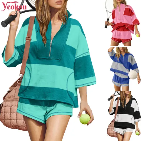Yeokou Women's 2-Piece Lightweight Activewear Set - Striped Half-Sleeve Oversized Shirt, Athletic Shorts, Cute Summer Lounge & Workout Outfit