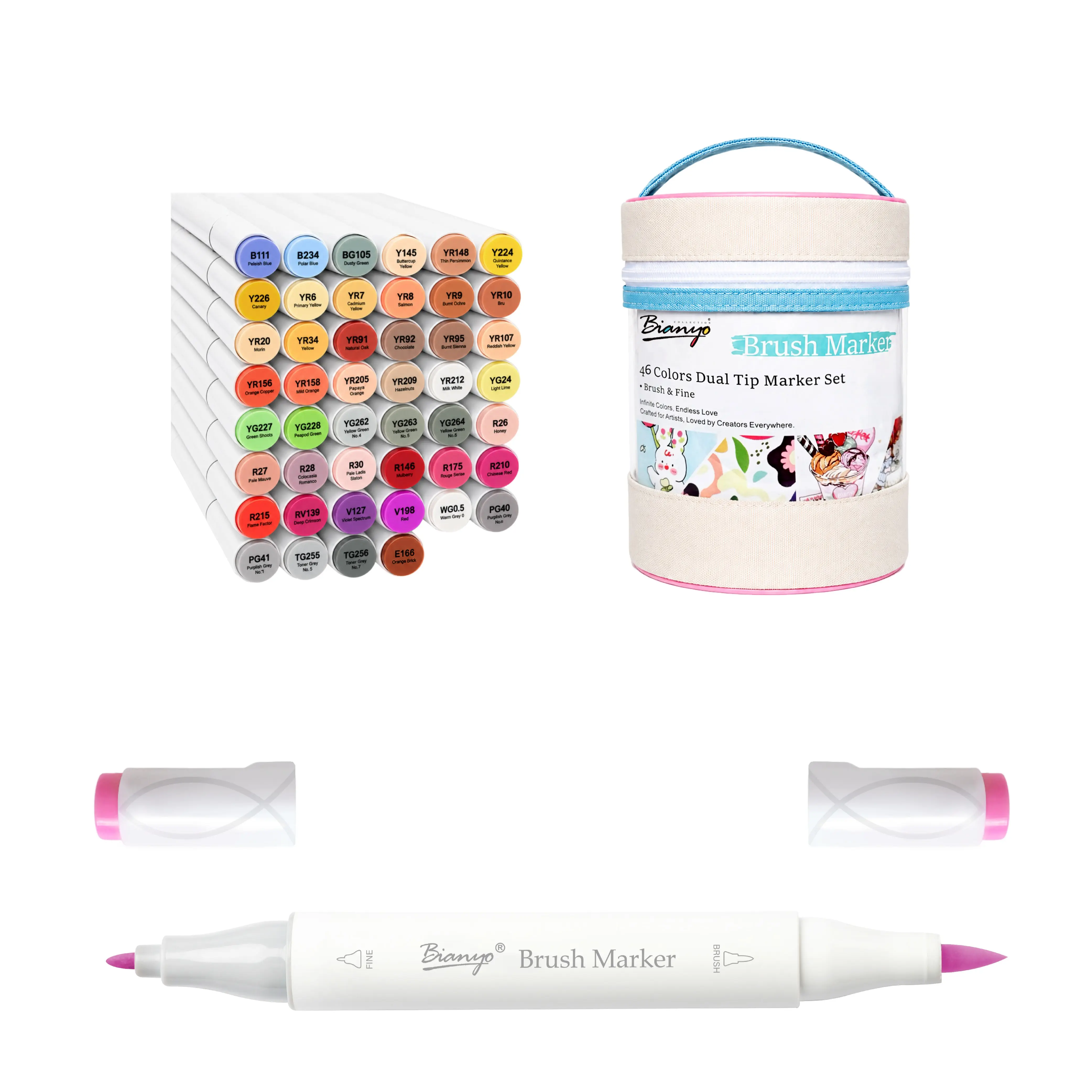 Bianyo 46 Exclusive Colors Brush & Fine Alcohol Marker Set - 46 New Colors for Your 320-Color Collection, Perfect for Adult Coloring, Blending, Layering, Illustrations, Journaling & Creative Projects