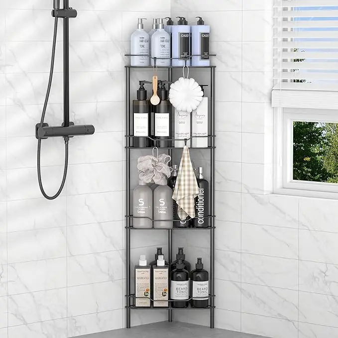 4 Tier Floor Standing Corner Shower Caddy Organizer Shelf with Hooks, Bathroom Shelves Stand Rack, Black | Adhesive Bathroom Organizer Shelves, Free Standing Shower Rack with Hooks, Hold Large Shampoo Bottles