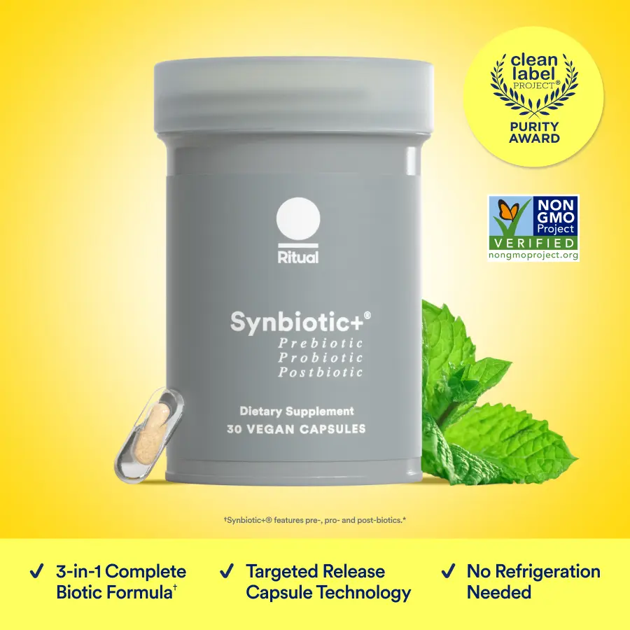 Ritual Synbiotic+ Probiotic, Prebiotic, Postbiotic, 3-in-1 Supplement for Gut Health and Digestive Support, Regularity, Bloat, Immune, Vegan Delayed-Released Daily Capsule, Women and Men, 30 Day