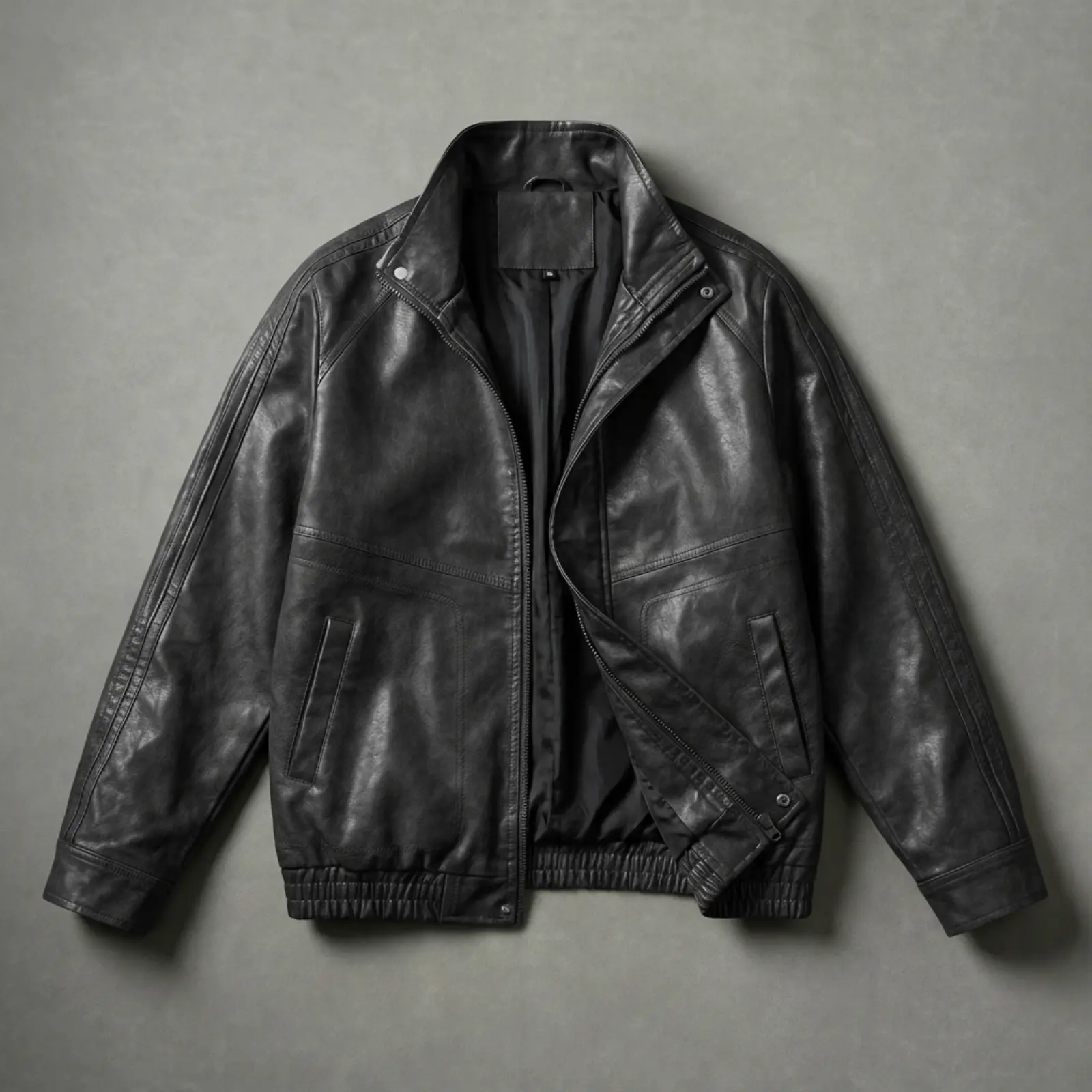 Men’s vintage motorcycle leather jacket with stand collar, visible stitching, pocket panels, and zip front