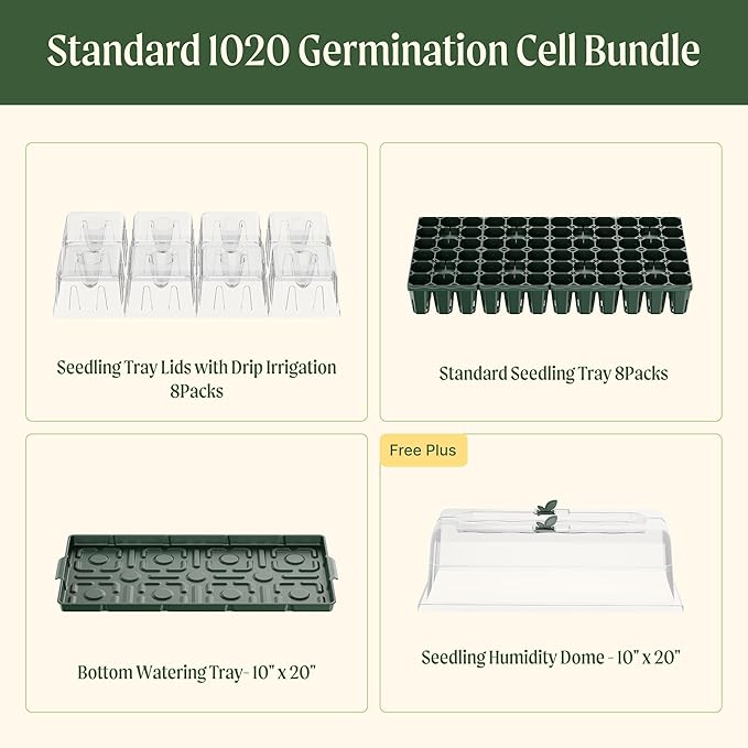 Vego garden Germination Bundle,  Seedling Trays with Seedling Tray Lids and 10" x 20" Bottom Watering Trays Plus Seedling Humidily Dome