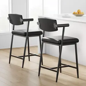 Garvee Bar Stools Set of 2 with Arms, 26" Counter Height Barstools Set with Wood Back & Footrest, 2-Piece Modern Metal Bar Stools, Wide Seat for Counter Bar, Kitchen Island, Easy Assembly, Retro Black
