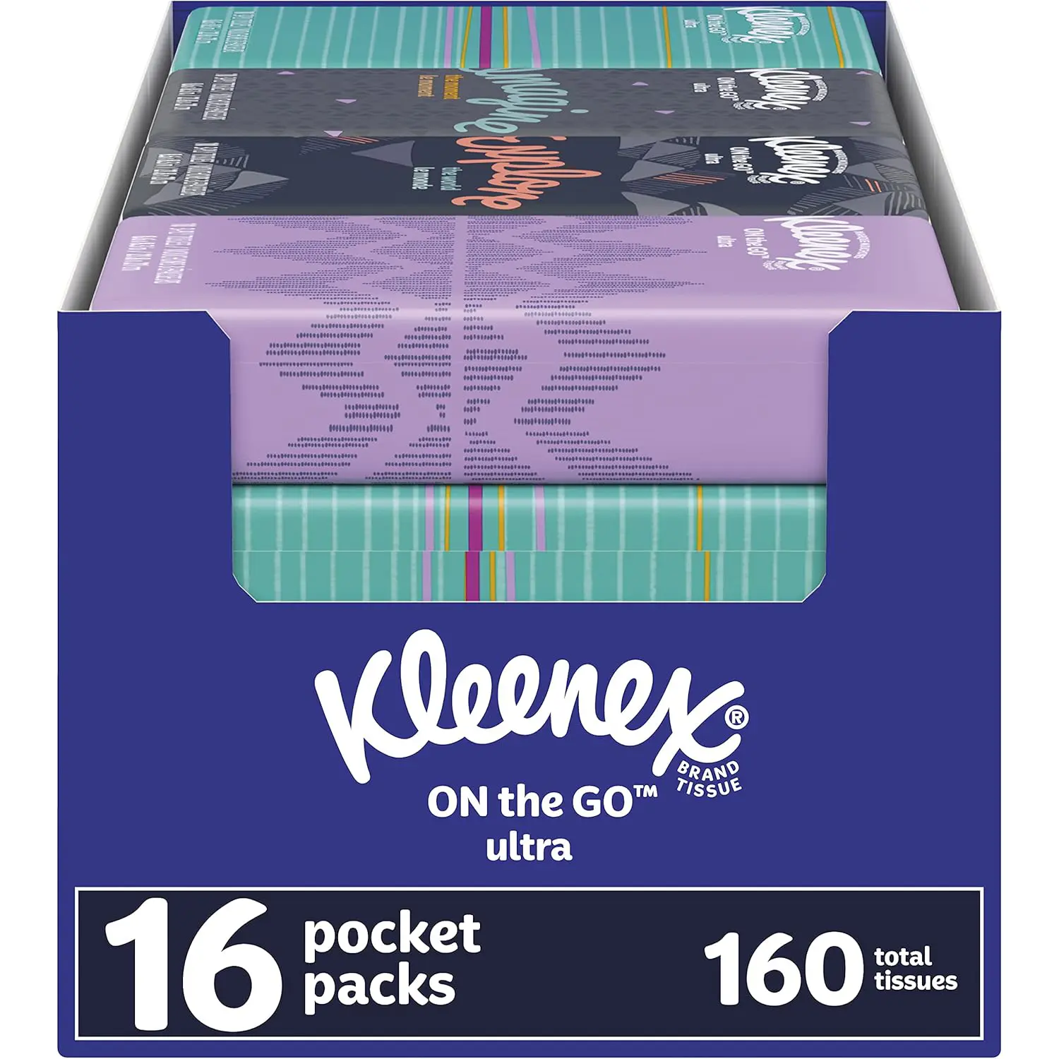 Kleenex On-The-Go Facial Tissues, 16 On-The-Go Packs, 10 Tissues per Box, 3-Ply (160 Total Tissues), Packaging May Vary