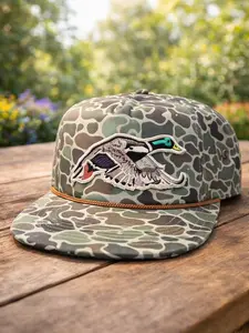 Mallard duck patch on a Jungle Camo Rope brim SnapBack Hat, Camouflage Pattern Embroidered Mallard Duck Hunting Snapbacks, Gift For Hunters