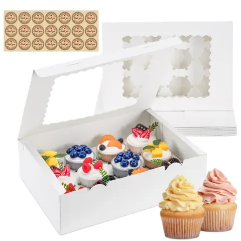 12 Count Premium Rectangular Cake Boxes with Window - 12-Cup Capacity, Food Safe, Removable Stay-Put Insert, Secure Cup Hold, Easy Transport & Presentation, Baking Supplies for Bakeries, Cupcake Boxes & Desserts