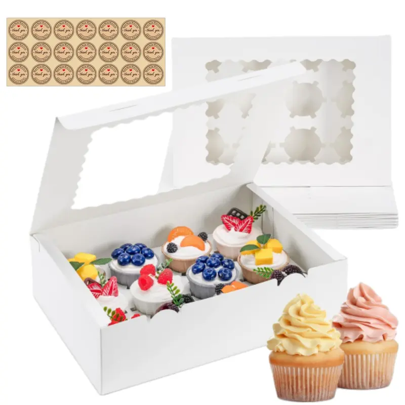 12 Count Premium Rectangular Cake Boxes with Window - 12-Cup Capacity, Food Safe, Removable Stay-Put Insert, Secure Cup Hold, Easy Transport & Presentation, Baking Supplies for Bakeries, Cupcake Boxes & Desserts