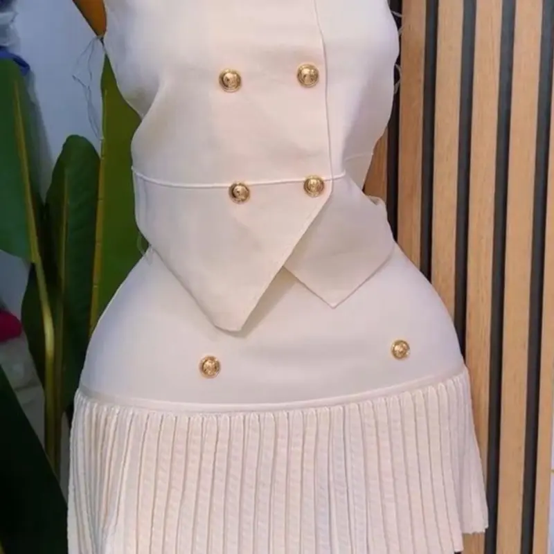 Summer Set for Women, Short Sleeveless Vest with Round Neck and Pleated Mini Skirt in A Line, Slim Style
