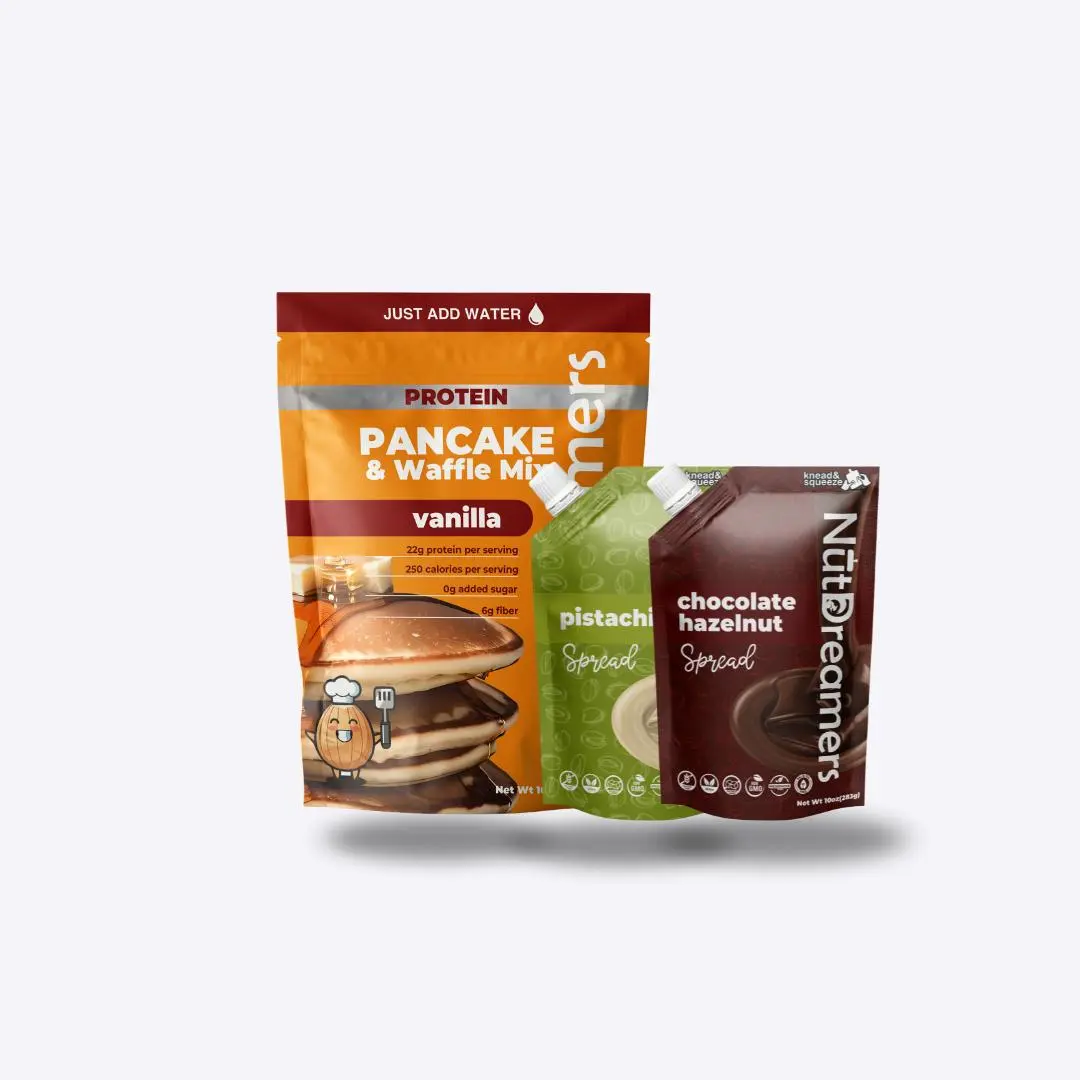 Morning Favorites Bundle | Protein Vanilla Pancake Mix 16 oz + Chocolate Hazelnut + Pistachio Nut Spreads 10 oz Each - Healthy Breakfast Starter Kit for Baking & Bake, No Sugar Added, Fiber Rich summerwins