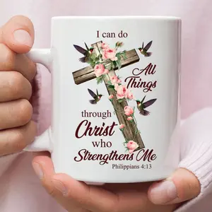 I can do all things through Christ, Cross with flowers, Coffee mug, Philippians 4:13 Floral Cross Christian Faith Coffee Cup Inspirational Religious Gift