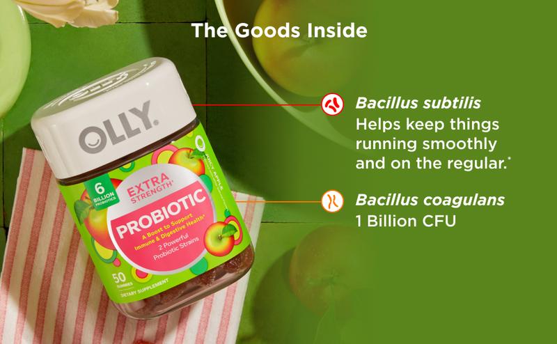 OLLY Extra Strength Probiotic Gummy, 6 Billion CFUs, 2 Strains, Supplement, Apple, 50 Count