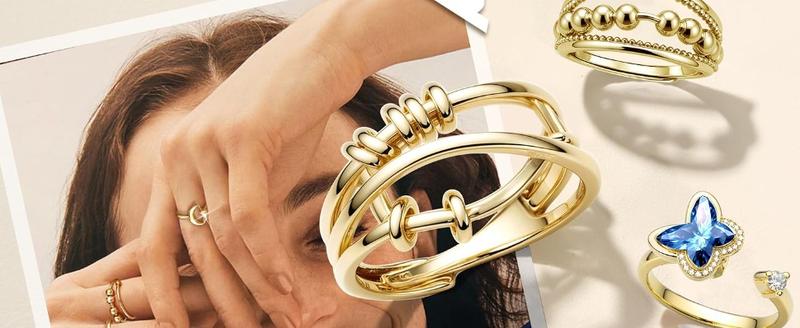 9Pcs Gold Plate Fidget Spinner Rings for Anxiety & Nail Biting Adjustable Open Ring Set Women Stress Relief Cute Jewelry Gift