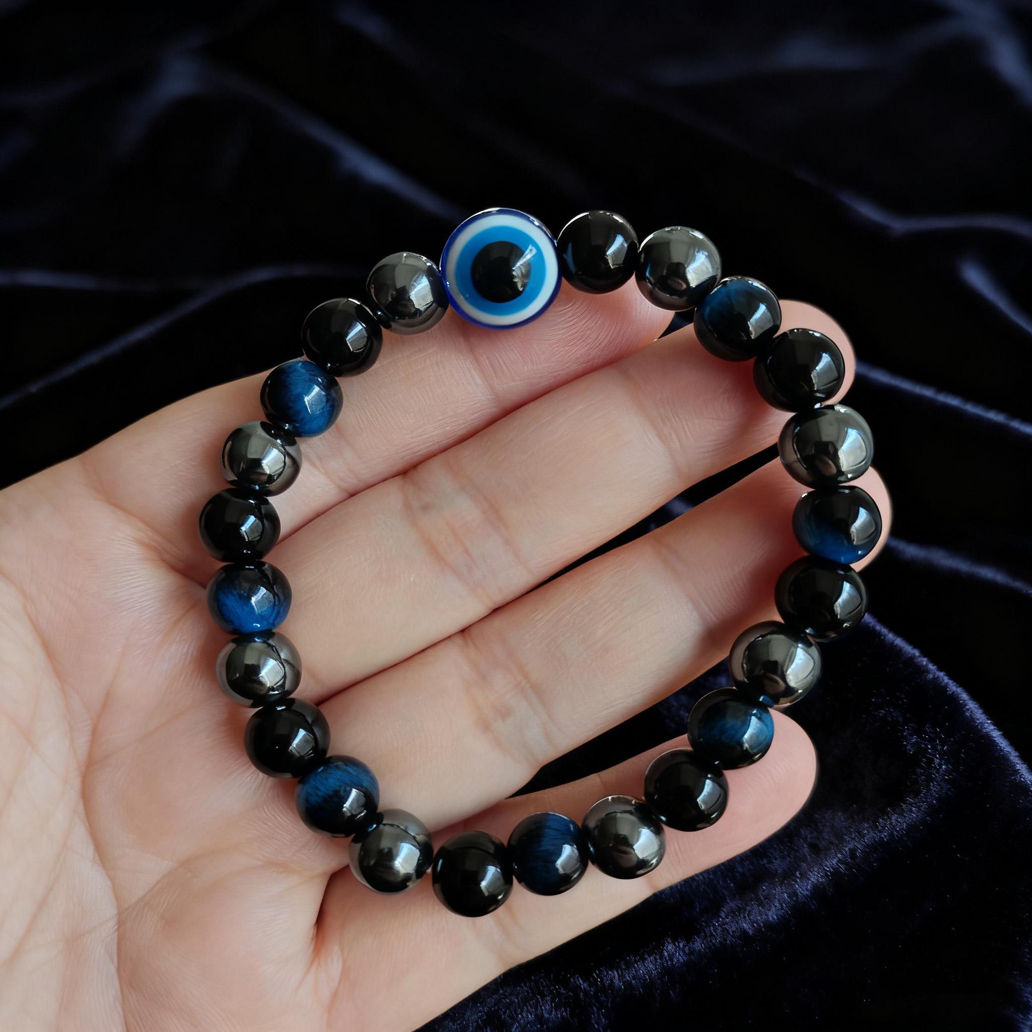 Evil Eye Design 3X Power Protection Bracelet for Women & Men, Tiger Eye & Hematite Stone Beads, Healing Crystal Jewelry Gift for Her and Him, Birthday Gifts