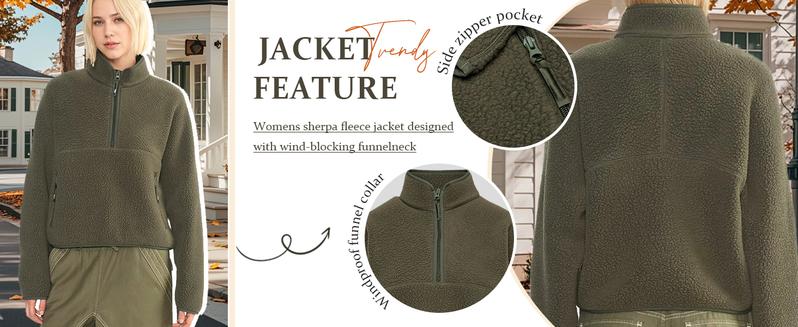 Songling Womens Fleece Sweatshirts Cropped Half Zip Fuzzy Warm Sherpa Pullover Varsity Jackets with Zipper Pockets Fit Casual Breathable Fashion   Loose Light Coats