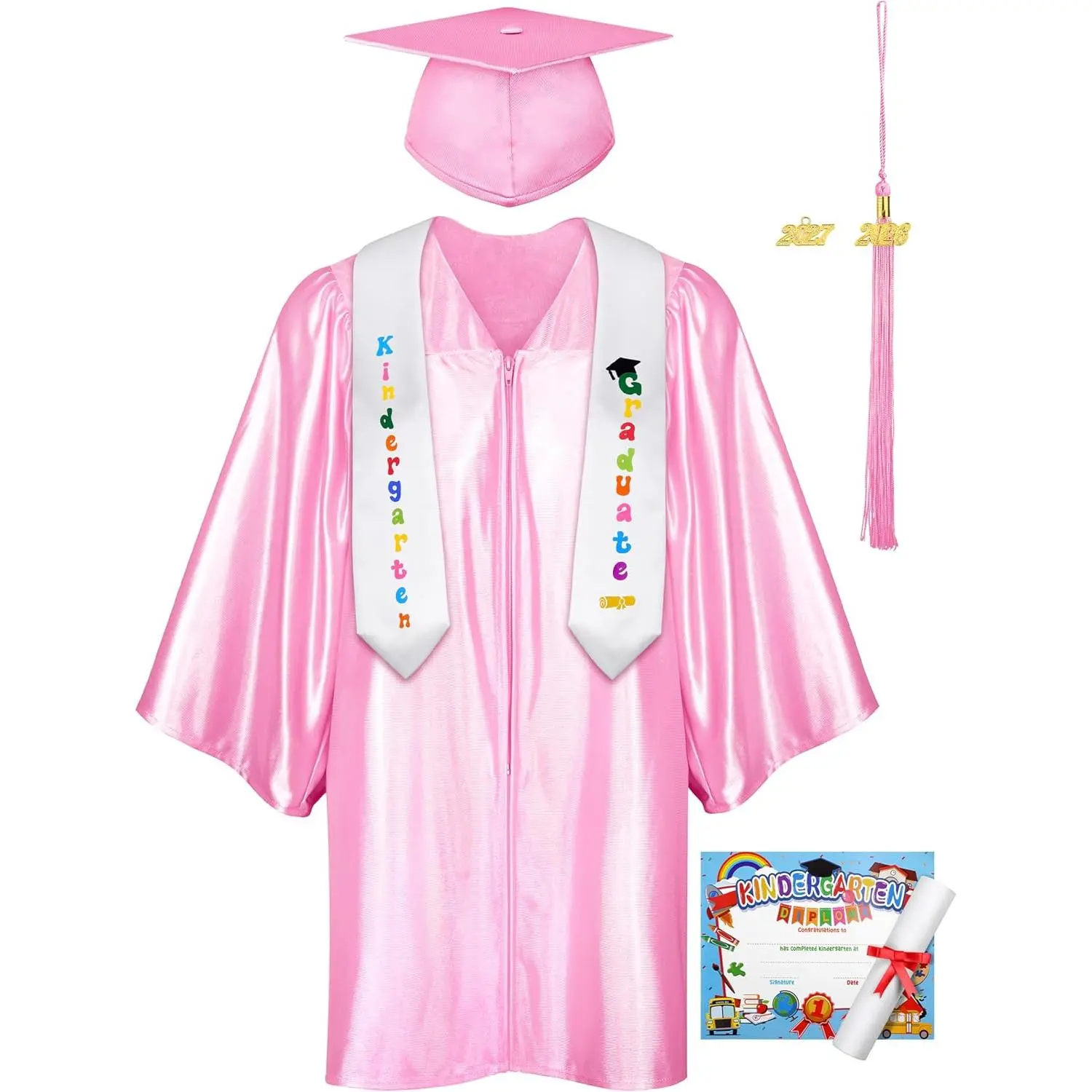 SOMSOC 7 Pack Kids Graduation Cap and Gown Tassel Stole with 2026, 2027 Charms Certificate for Preschool Kindergarten