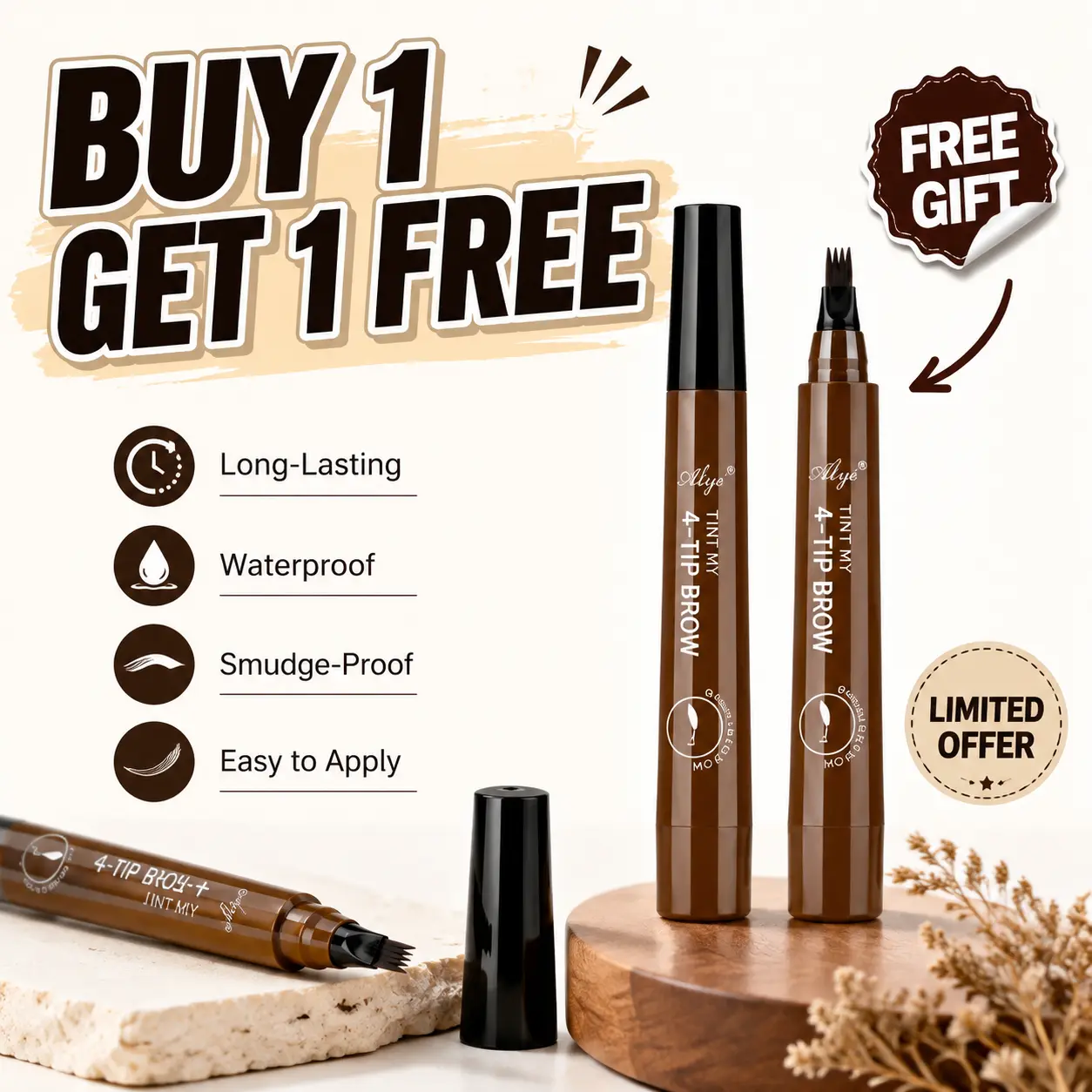 Buy 1 Get 1 Free 4-Fork Tip Microblading Cosmetic Eyebrow Pencil - Waterproof Liquid Brow Enhancer, Long-Lasting Natural Hair-Like Makeup, Beauty Product for Brow Shape