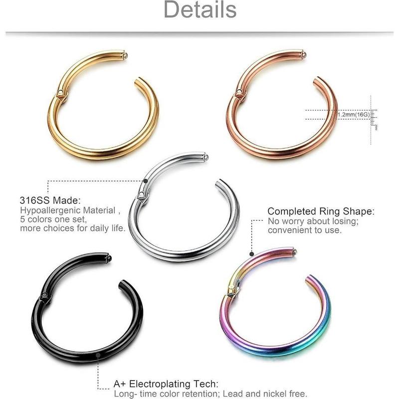 MILACOLATO 5 Pcs Set 316L Stainless Steel Hypoallergenic 16G 18G 20G Septum Piercing Nose Hoop Clicker Ring Daily
