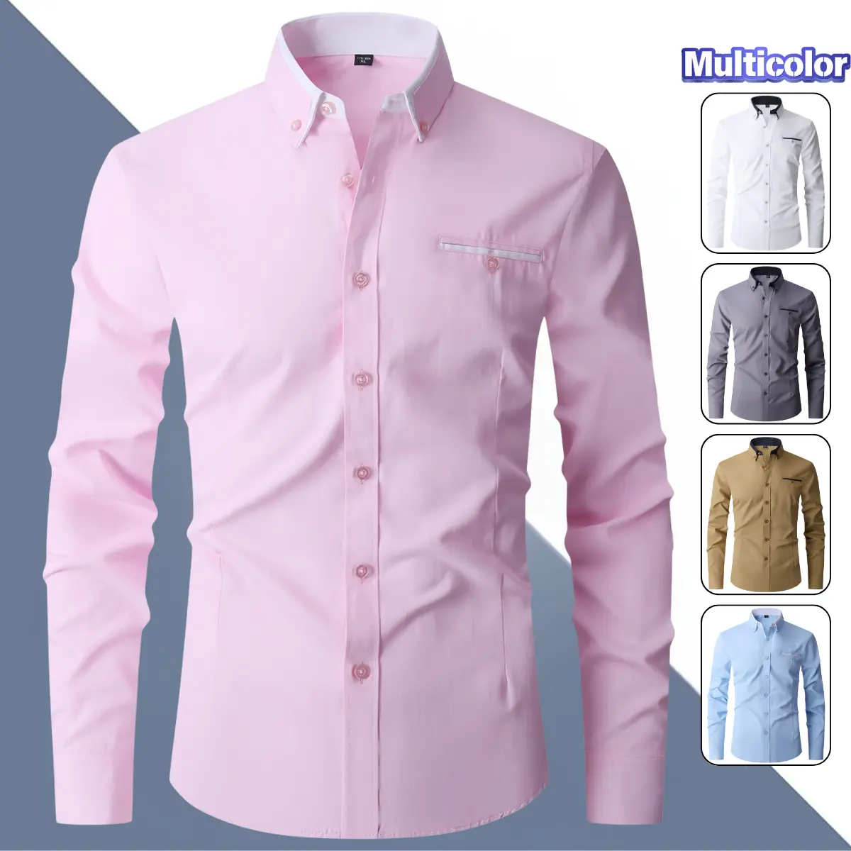 Men's Fitted Cuffed Long-Sleeve Contrast Collar Button-Front Plain Modern Office Business Casual Top, XL, Collared Neck