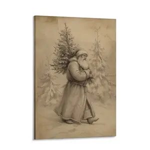 Santa Claus Christmas Tree Poster, Cozy Cottage Christmas Winter Decor, Neutral Santa Holding Tree Drawing Art, Winter Forest Holiday Decor