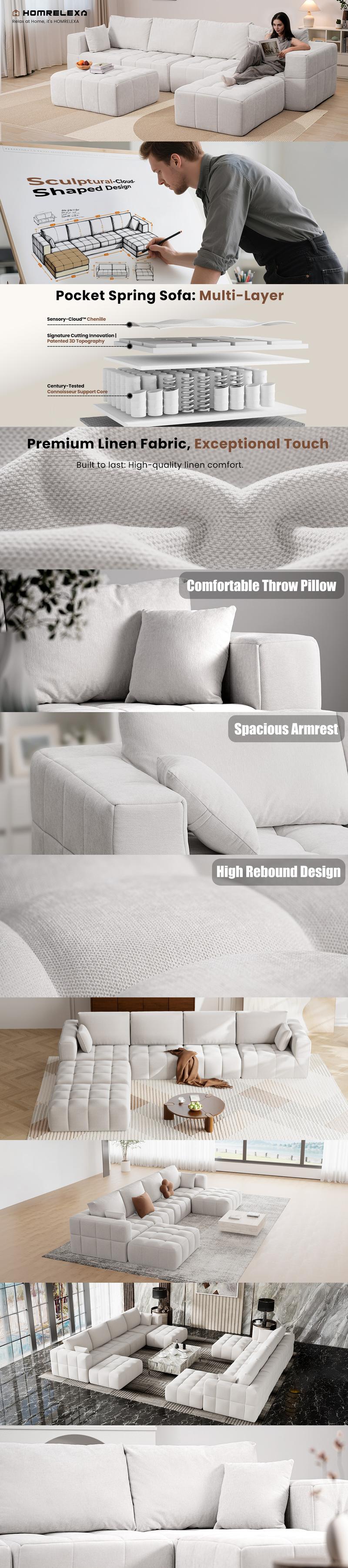 【Oversized】132”/147" Modular Sectional Sofa, Sectional Couch with 6 Throw Pillows, Comfortable Sofa Bed with Kid-Friendly Chenille Fabrics,L Shaped Couch for Living Room, Apartment, boneless sectional couch, living room furniture