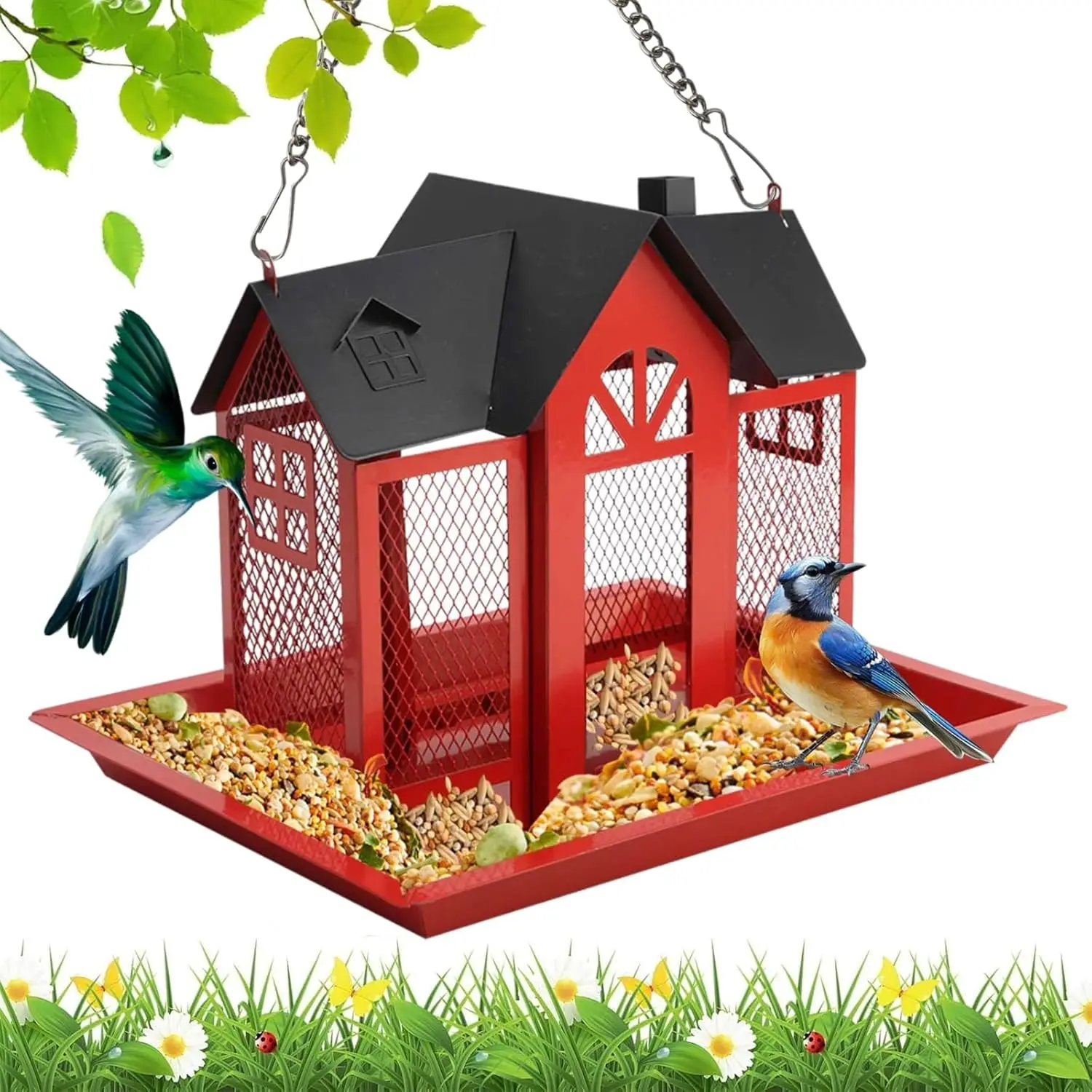 Bird Feeders House for Outdoors Hanging, Weatherproof Metal Bird Feeder House, Capacity Metal Wild Bird Feeder Squirrel Proof for Garden Yard Outside, Cardinal Birdfeeder Birdhouses Gift for Bird Lovers, Solar Outdoor Lights, Cardinals, Wild Birds