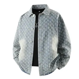 Washed denim shirt — men’s spring new high‑street fashion jacket; vintage jacquard denim jacket; collared loose‑fit niche casual versatile long‑sleeve jacket top