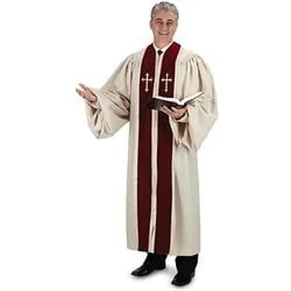 Men's Modest 2-Tone Ivory & Burgundy Clergy Pulpit Robe - Church Attire, Embroidery Crosses, Velvet Panels, Full Front Zipper, Lined Cuffed Long Sleeves, Soil-Resistant No-Wrinkle Polyester/Velvet, 2 Small Pleats, 57in, 2.5x5ft, Dry Clean, S