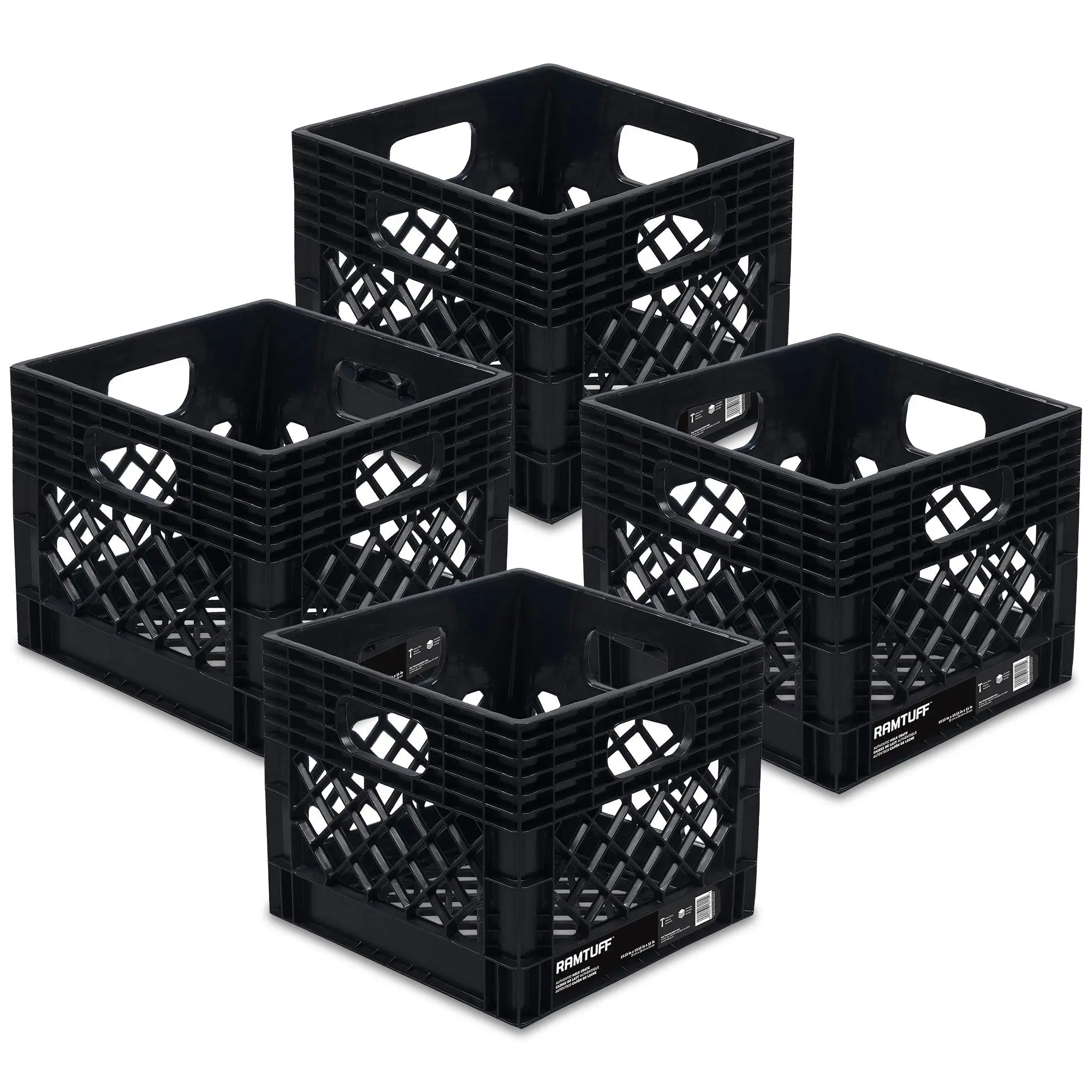Ramtuff Storage Milk Crate, Plastic Organizer Box, 250lb Capacity, Black, 4 Pack