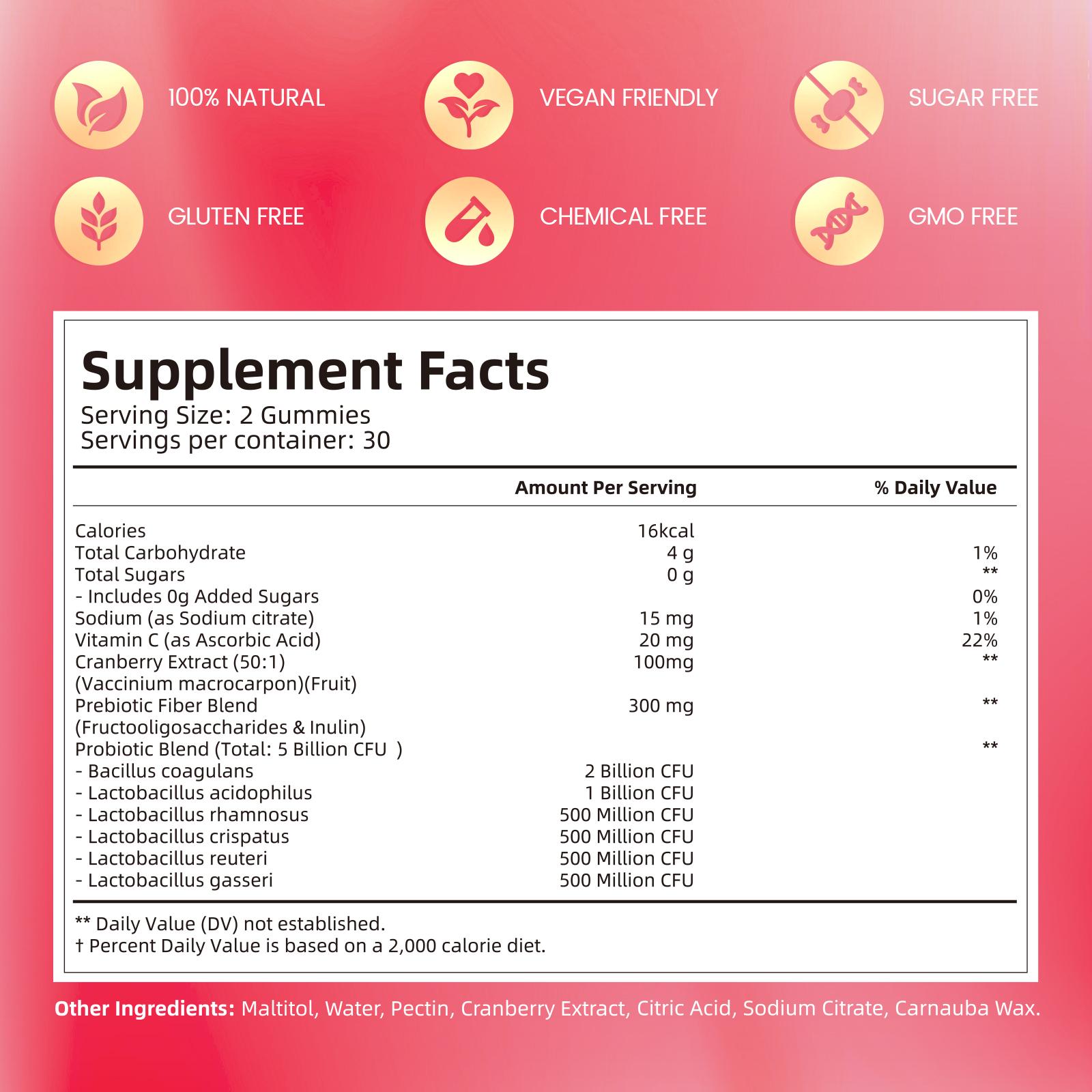 Cranberry Probiotic Gummies | Targeting Body Odor, Women's Health, and Body Balance | Vegan (60 Gummies per Pack)