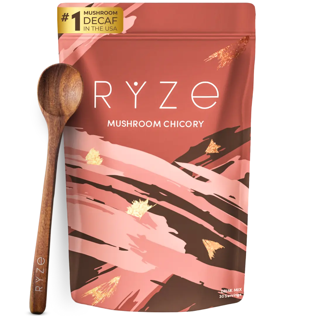 RYZE Mushroom Chicory with 6 Organic Adaptogenic Mushrooms, Keto Caffeine Free Decaf Coffee with Chicory Root for Energy, Focus, Digestion, Immunity with Turkey Tail, Shiitake, Lion's Mane, 30 serving