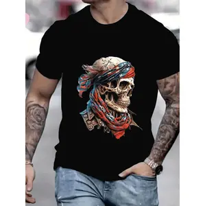 Men's Summer New Arrival T-Shirt Featuring Skull Design with American Flag Elements Trendy Dark Rebel Style Crew Neck Top