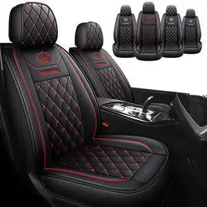 Universal Fit Breathable Car Seat Covers with Red Stitching and Crown Embroidery for Enhanced Comfort and Style