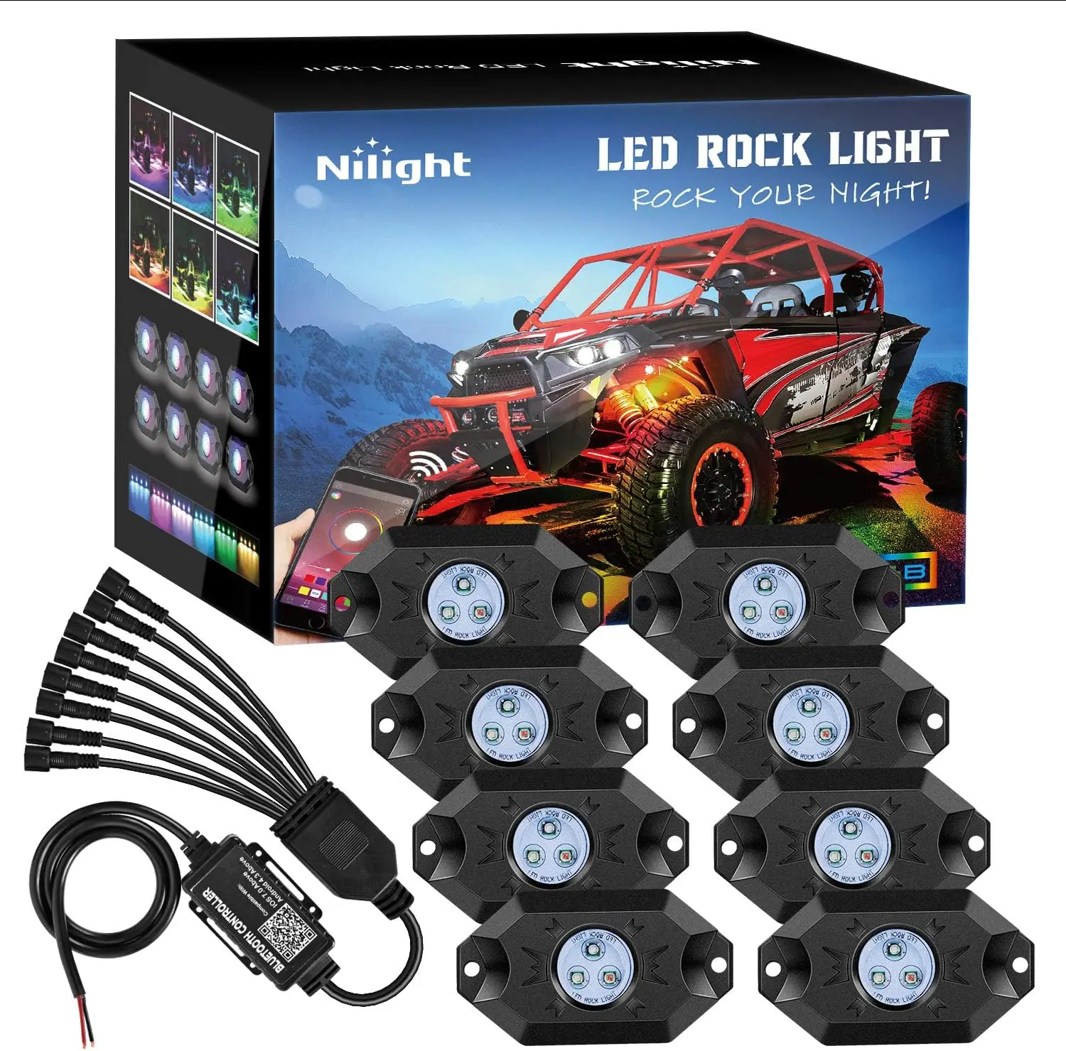 Nilight RGB LED Rock Lights Kit 8 pods Underglow Multicolor Neon Light Pod with Bluetooth App Control Timing Function Flashing Music Mode IP68 Exterior Wheel Well Light for ATV UTV light pod  dealsforyoudays, Led Lights Car, Rgb Led Lighting