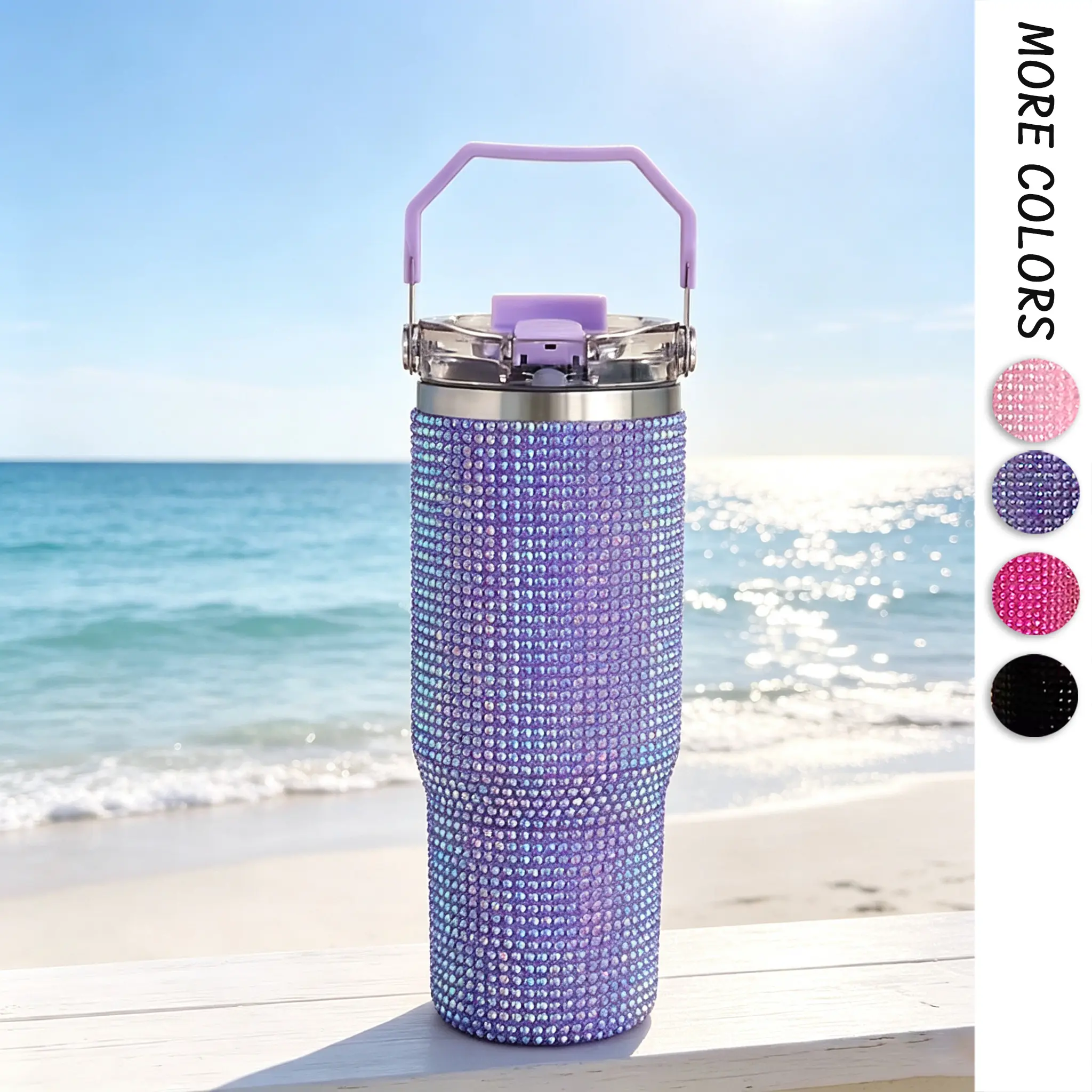 30oz Glam Bling Rhinestone Studded Durable Insulated Stainless Steel Tumbler with Top Handle, Portable Leak-Proof Vacuum Flask - 7-12 Hour Temperature Retention, Birthday Gift for Mom, Drinkware Stylish Flasks