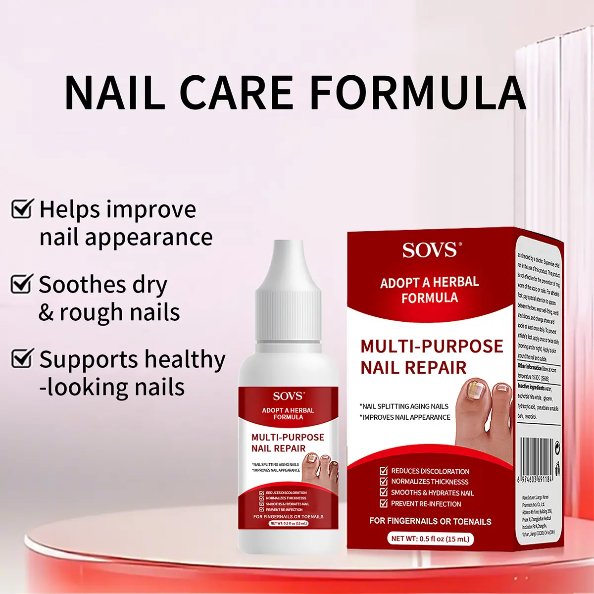 SOVS Nail Care Solution 15ml | Daily Care for Thick, Discolored & Brittle Nails | Triple Action Nail Conditioning Formula for Fingernails & Toenails#SohoChic