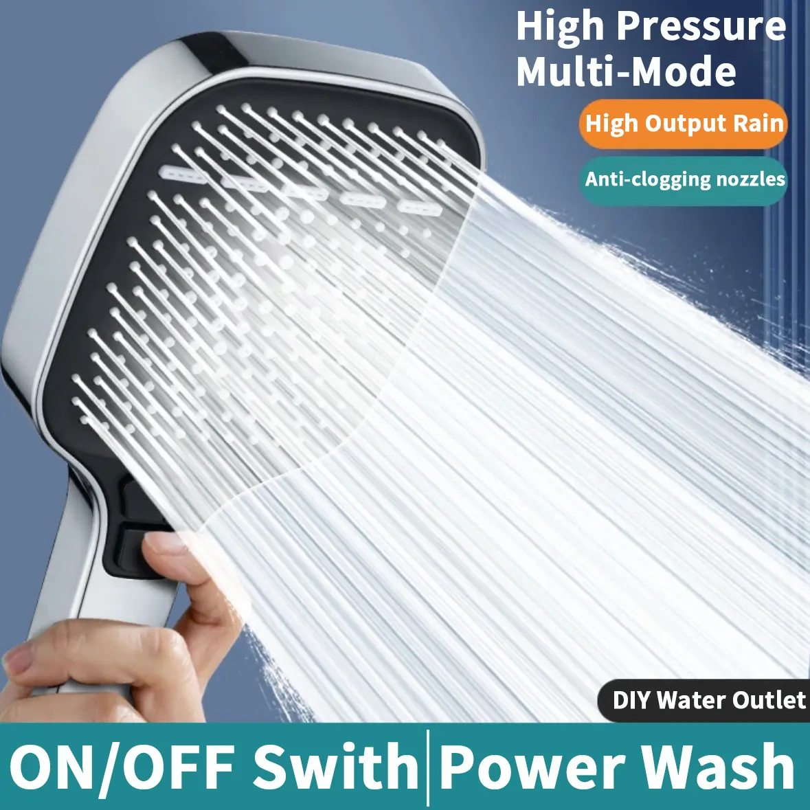 High-pressure multi-mode handheld showerhead&Square large-panel showerhead, power wash, shower head with ON/OFF switch for pets bath with 1.5m hose,shower bracket,Shower, bathroom supplies. High Output Rain.Summervibes