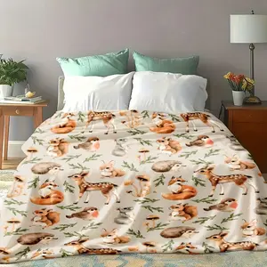 1pc Ultra-Soft Forest Animal Plush Throw Blanket - Cozy Squirrel, Mouse, Deer, Fox, Hare, Hedgehog & Bird Design with Mushrooms & Leaves, Lightweight & Warm for All Seasons, Perfect for Couch, Bed, Office & Camping 5
