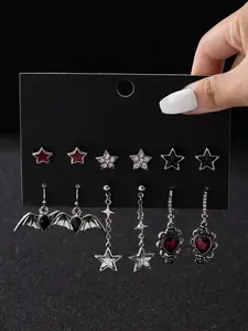 Grunge Punk 6 Pairs Gothic Dark Studded Dripping Oil Five-Pointed Star, Bat, Heart Rose, Guitar, Key, Starfish, Crow, Skull Fashionable Luxury Design Earrings Set