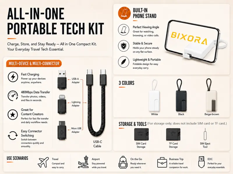 Basemo Pocket Tech Companion with USB-C Cable, USB-A, Lightning, Micro-USB Adapters, 480Mbps Data Transfer, Fast Charging, SIM/TF Card Storage & Phone Stand – Portable Travel Hub for Laptop, Office and Content Creator Accessories
