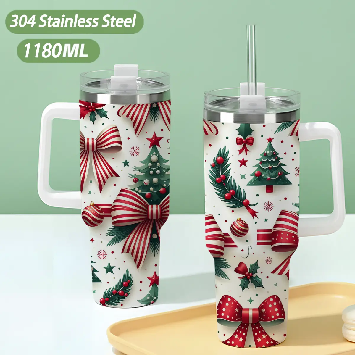 40oz 304 Stainless Steel Insulated Water Bottle - Portable Vacuum Flask with Lid, Handle, Straw, Christmas Tree Bow & Holly Pattern, Car-Compatible Drink Container, Christmas Gift Style Water Bottle, Water Bottles, Vacuum Flasks