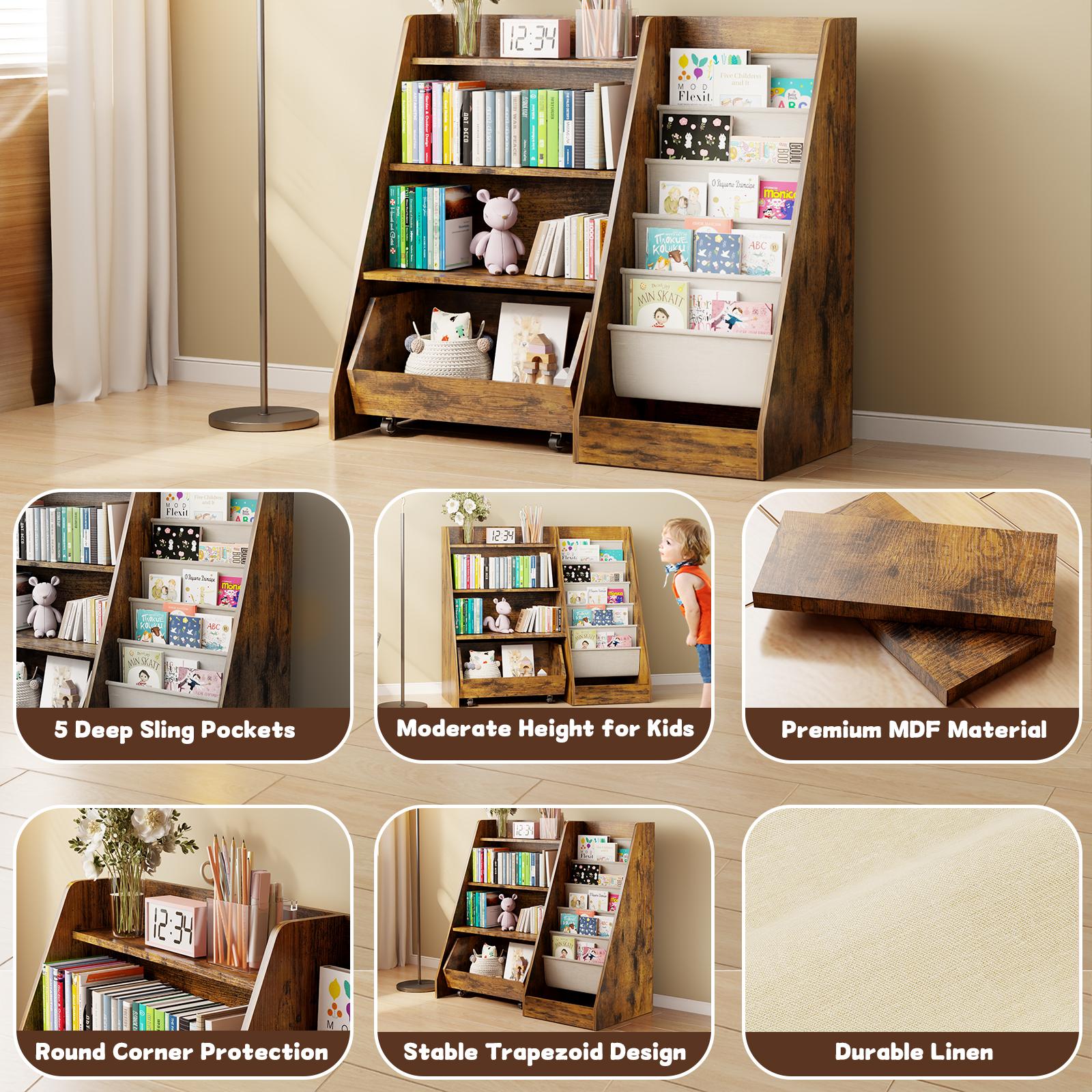 【LIVE】4-Tier Rolling Toy Storage Cabinet for Kids - 5 Layer Sling Toddler Furniture, Baby Furniture Book Rack, Organizing Nursery, Wooden Home Storage with Wheels